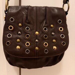 Dark Brown Leather Crossbody Bag Studded Boho Shoulder Purse